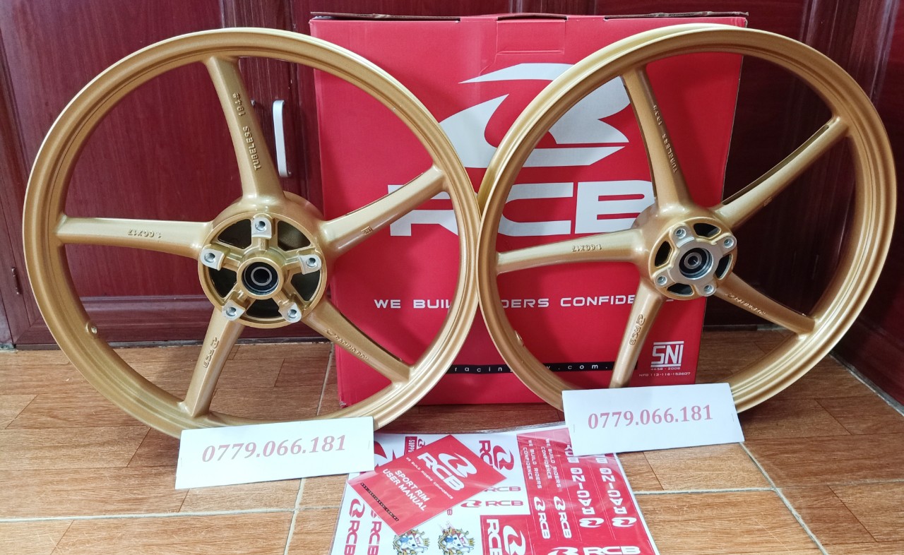 BÁNH MÂM EXCITER 150 hoặc EXCITER 155 5 CÂY RCB CHÍNH HÃNG MÀU VÀNG ĐỒNG SIZE TRƯỚC 1.6 SAU 1.6 BẰNG NHAU GẮN VỪA NHƯ ZIN KHÔNG CHẾ