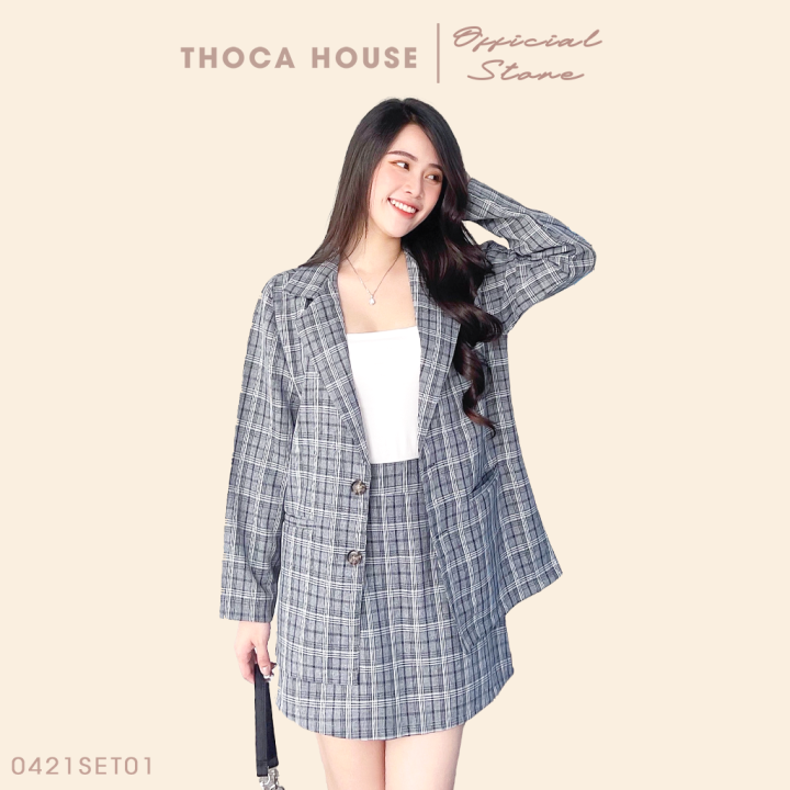 Set vest nữ áo khoác blazer phối chân váy lưng thun caro xám đậm THOCA HOUSE thanh lịch, sang trọng cho nàng