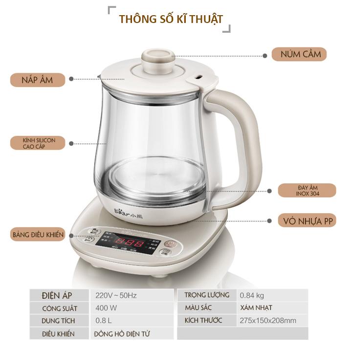 ấm đun nước pha trà đa năng Bear YSH, ấm pha trà ncao cấp thủy tinh chịu nhiệt