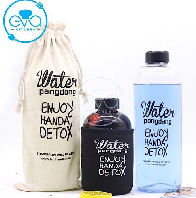 Bình đựng nước thuỷ tinh detox 600ml tặng kèm vỏ bọc vải neoprene và túi vải dây rút