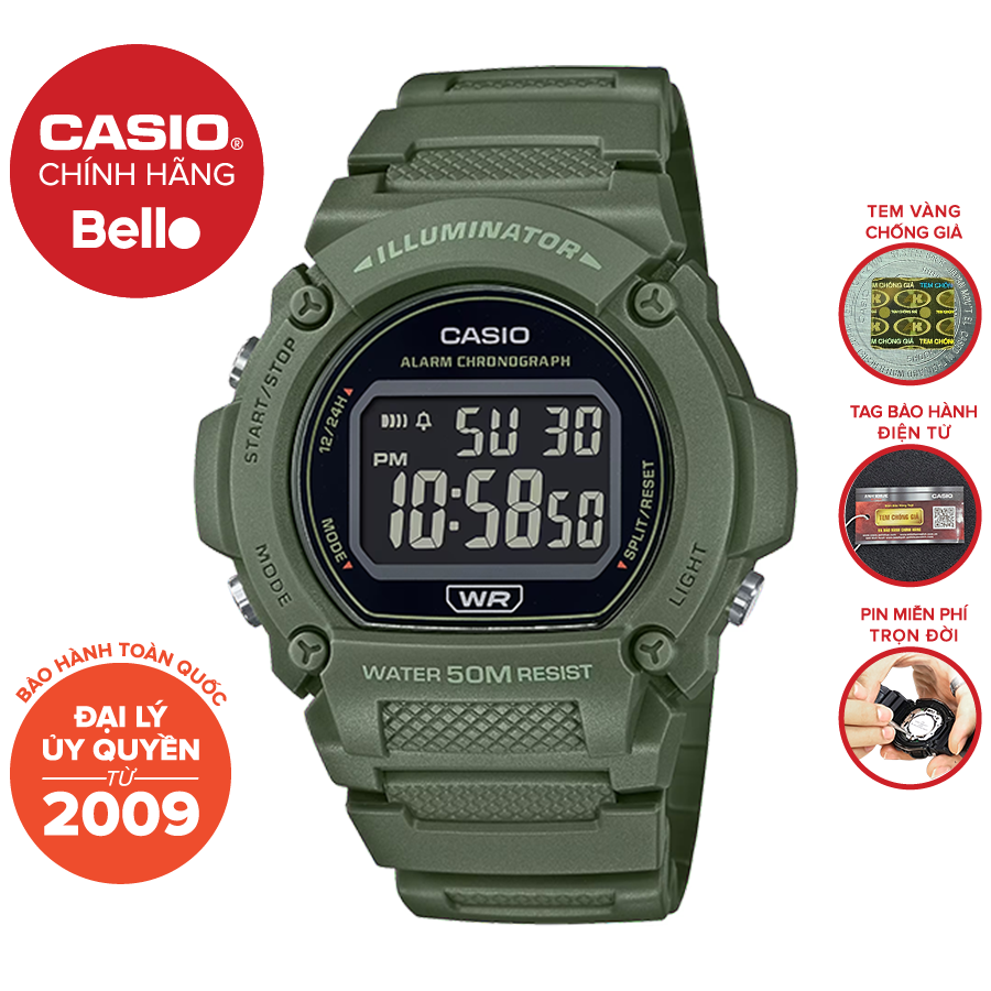 Đồng hồ casio nam w-219hc-3bvdf bảo hành chính hãng 1 năm - pin trọn đời