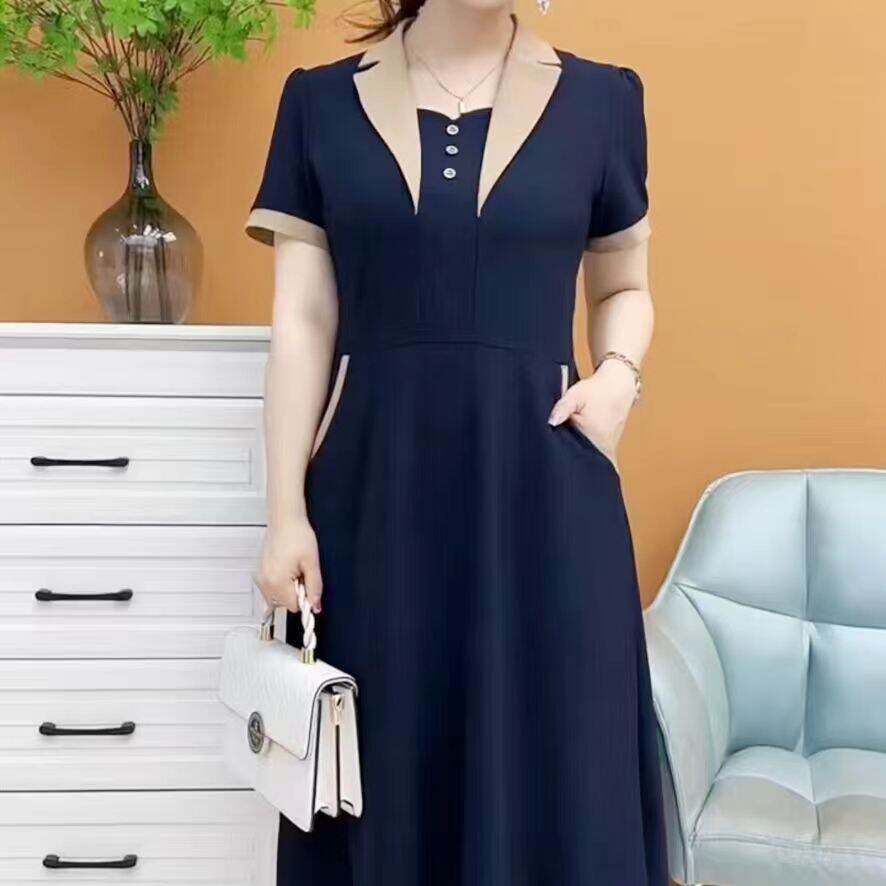 FCThanh Lịch Tuổi Trung tay ngắn Một Dòng Ăn Mặc Phụ Nữ Quá Khổ Hiển thị Hàn Quốc dáng ôm Phong Cách váy dài Mẹ Thời Trang Giản Dị Váy Cổ lật