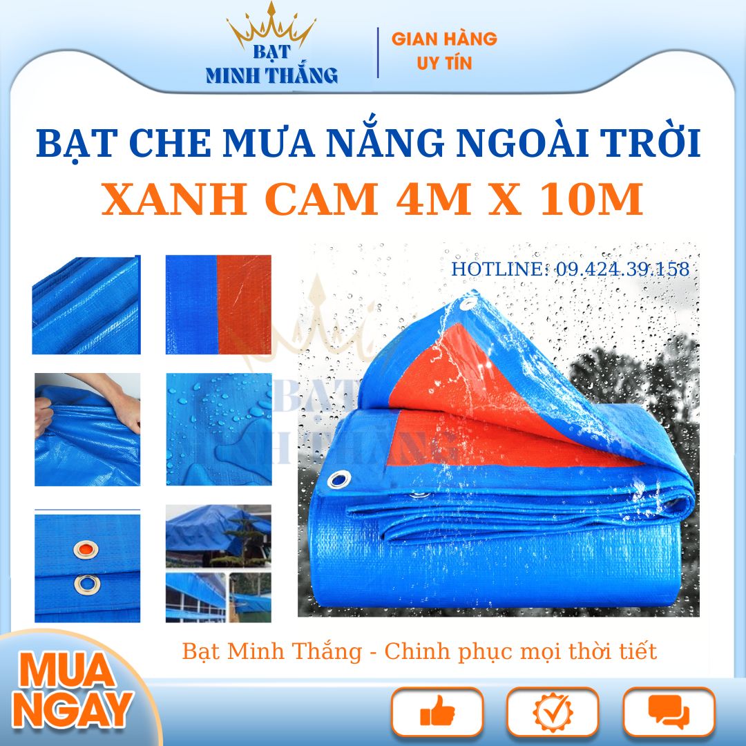 Bạt che nắng mưa Hàn Quốc 4Mx10M - Bạt xanh cam có dập khuyết tròn nhôm - Bạt Thắng Minh