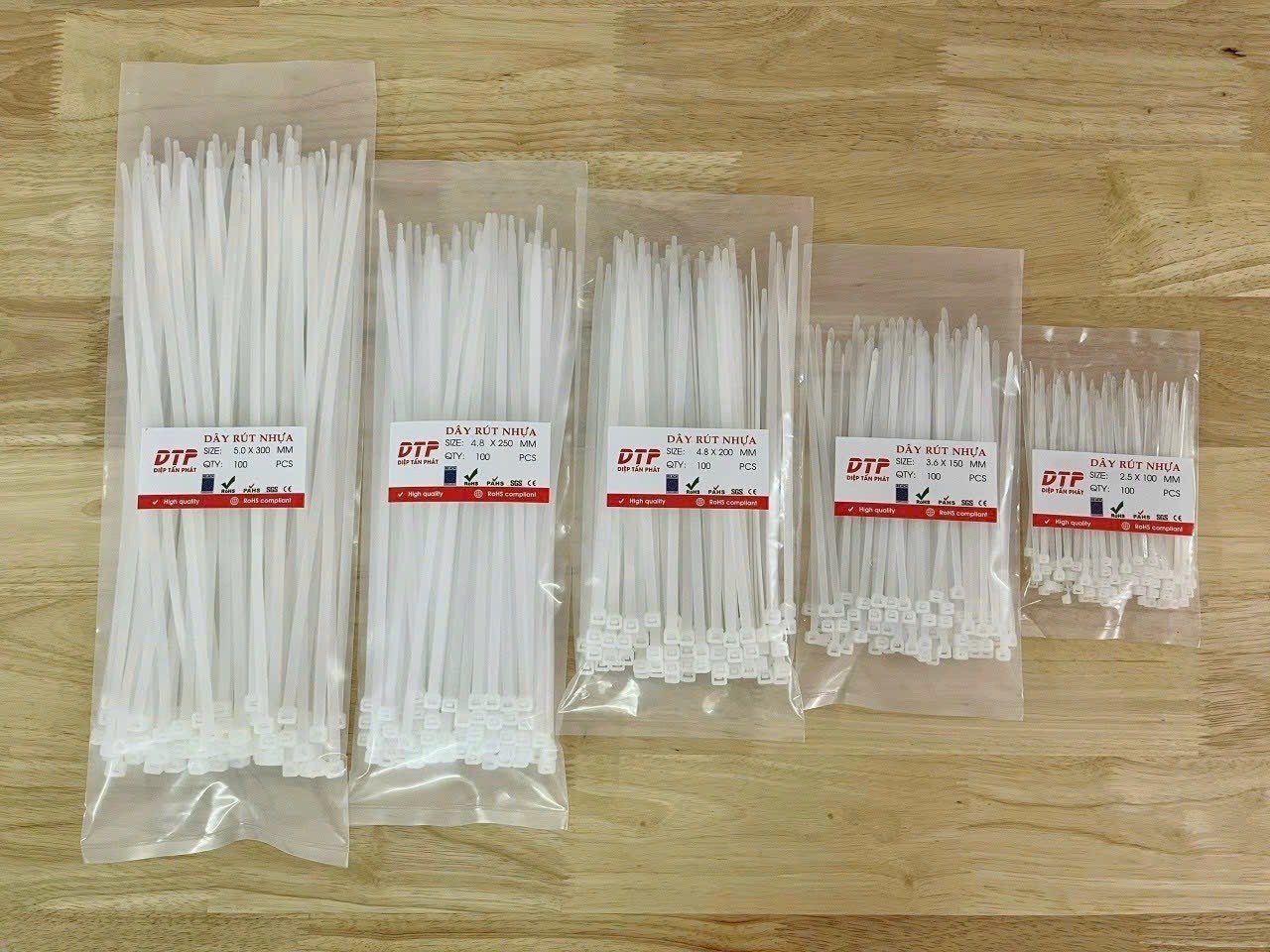 Dây rút nhựa màu trắng bịch 100 sợi dài 150mm / Dây rút nhựa màu trắng M4*150mm Diệp Tấn Phát