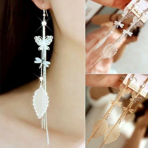 Bông khuyên tai dài tua rua hình chuồn chuồn đính đá sang trọng