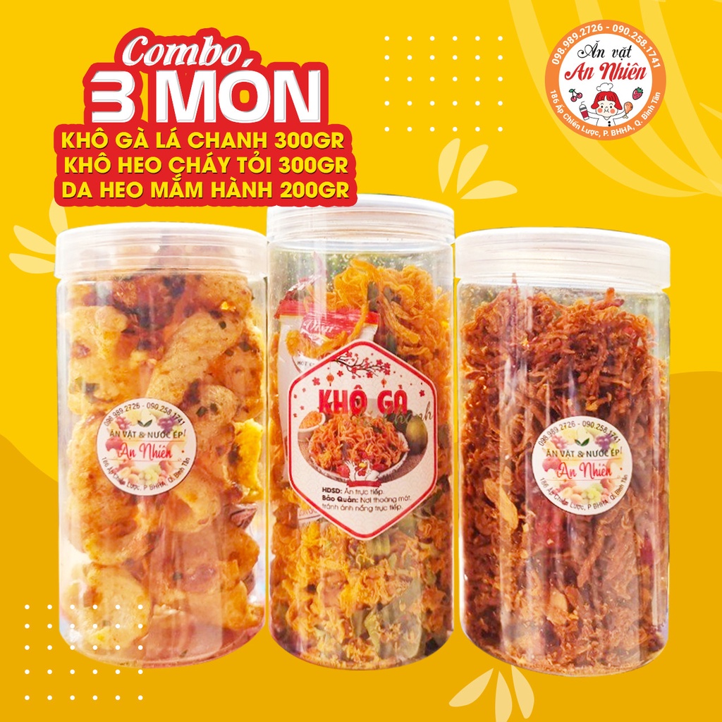 Combo 3 món 800g (khô gà lá chanh 300g+khô heo cháy tỏi 300g+da heo mắm hành hoặc tỏi muối ớt 200g )