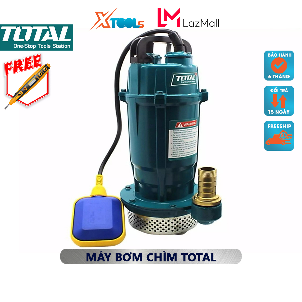 Máy bơm chìm 1 pha TOTAL máy bơm thả chìm nước sạch 220V, Công suất từ 370W (0.5HP) - 750W (1HP), Ch