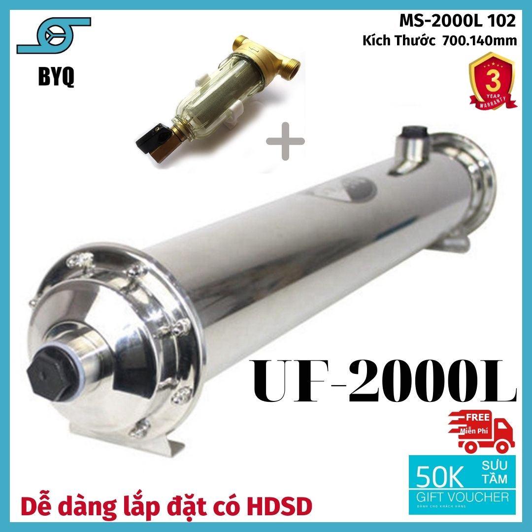 Bộ Máy lọc nước sinh hoạt BYQ-2000L không dùng điện phù hợp với các bể chứa một khối , Lõi Lọc cặn siêu nhỏ UF 0.01micron , chức năng xả cặn định kì , đầy đủ kích thước sử dụng cho nhà bếp hoặc hệ thống lọc tổng