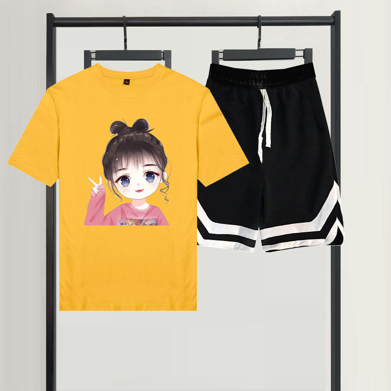 Sét Bộ Đùi Mùa Hè Thời Trang Ulzzang Nữ In 3D Bé Gái Giơ Tay Cute Mặc Đi Chơi Cá Tính, Mặc Ở Nhà, Áo Cotton Mix Quần Đùi Viền V Phong Cách