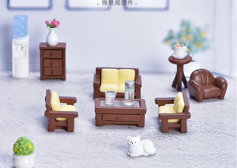 Mô hình đồ gia dụng , vật dụng gia đình bàn ghế, kệ, tủ, sofa (bộ màu đậm) phụ kiện cho nhà búp bê, mô hình trang trí, nhà tăm tre, nhà que kem