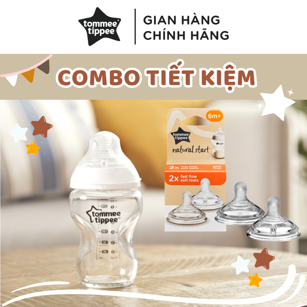 COMBO Bình sữa thuỷ tinh ty siêu mềm tự nhiên Tommee Tippee Closer to Nature 250ml & Núm ty silicon thay thế 6M+