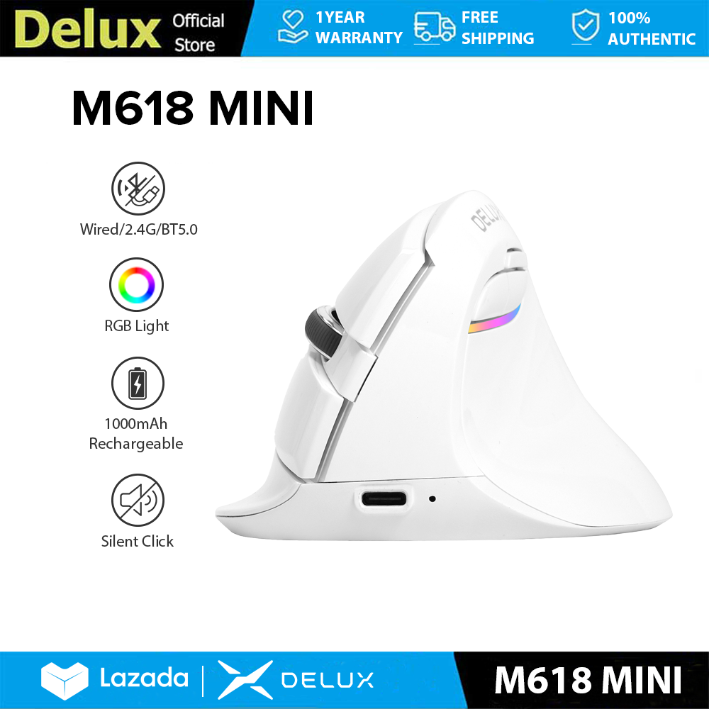 Delux M618 MINI Chuột dọc có dây & không dây Tiện dụng MAX 4000 dpi 2.4G Bluetooth 6 nút có đèn RGB Nhấp chuột im lặng Bàn tay nhỏ quang học cho PC/Laptop/Windows/Mac Trắng