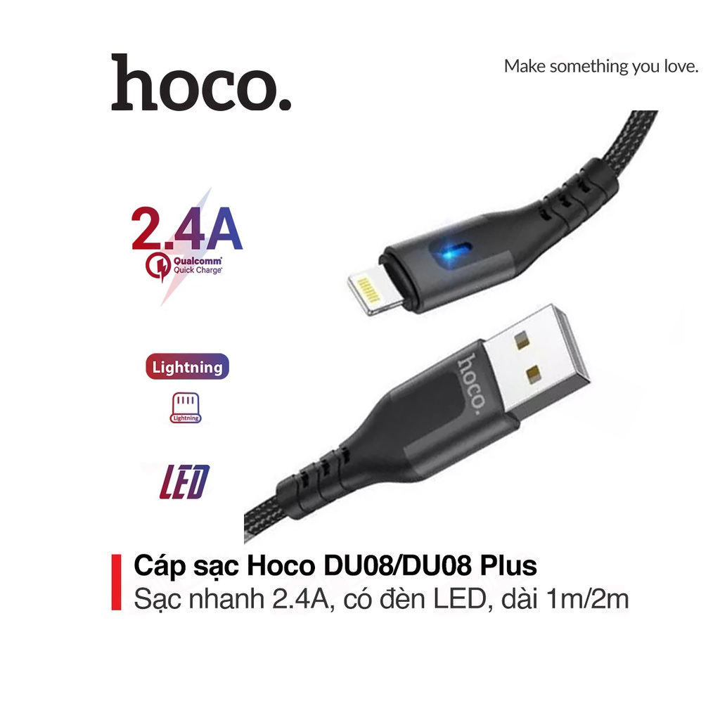 Cáp sạc 2.4a hoco du08/du08 plus lightning dây bọc có đèn led dài 1m/2m cho iphone/ipad