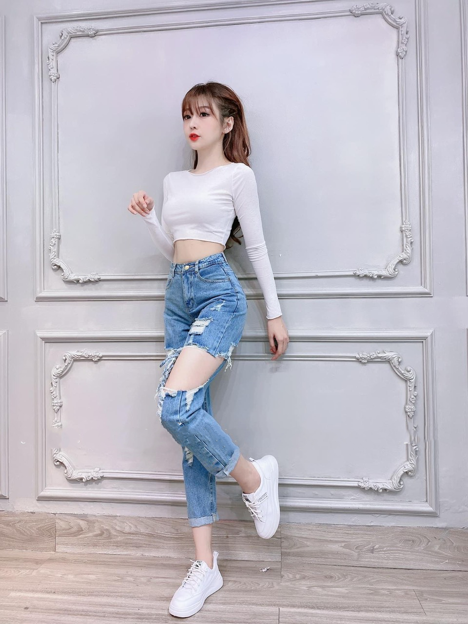 Quần jean nữ BAGGY RÁCH HỞ HAI ĐÙI GỐI hình thật mẫu mới 1-d5/13