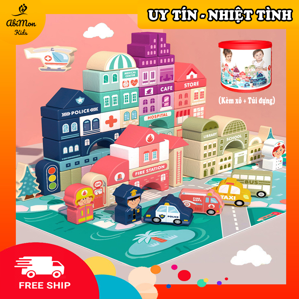 🌻 Bộ Xếp Hình Gỗ Thành Phố Cho Bé (120 chi tiết - có kèm Xô, Sàn, Túi) ☘️ Montessori ✨ Đồ chơi Gỗ - An toàn - Thông minh