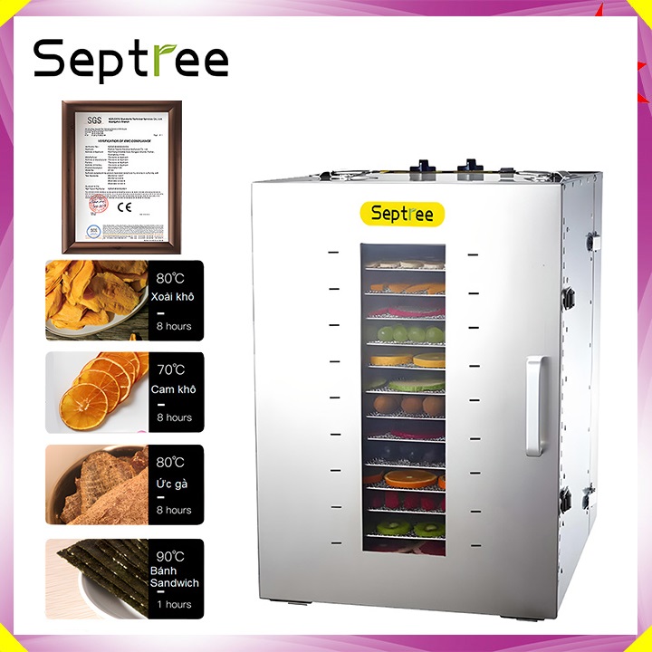 Máy sấy thực phẩm 16 tầng chuyên nghiệp, dung tích 100 lít thương hiệu mỹ septree st-02 - bảo hành 12 tháng