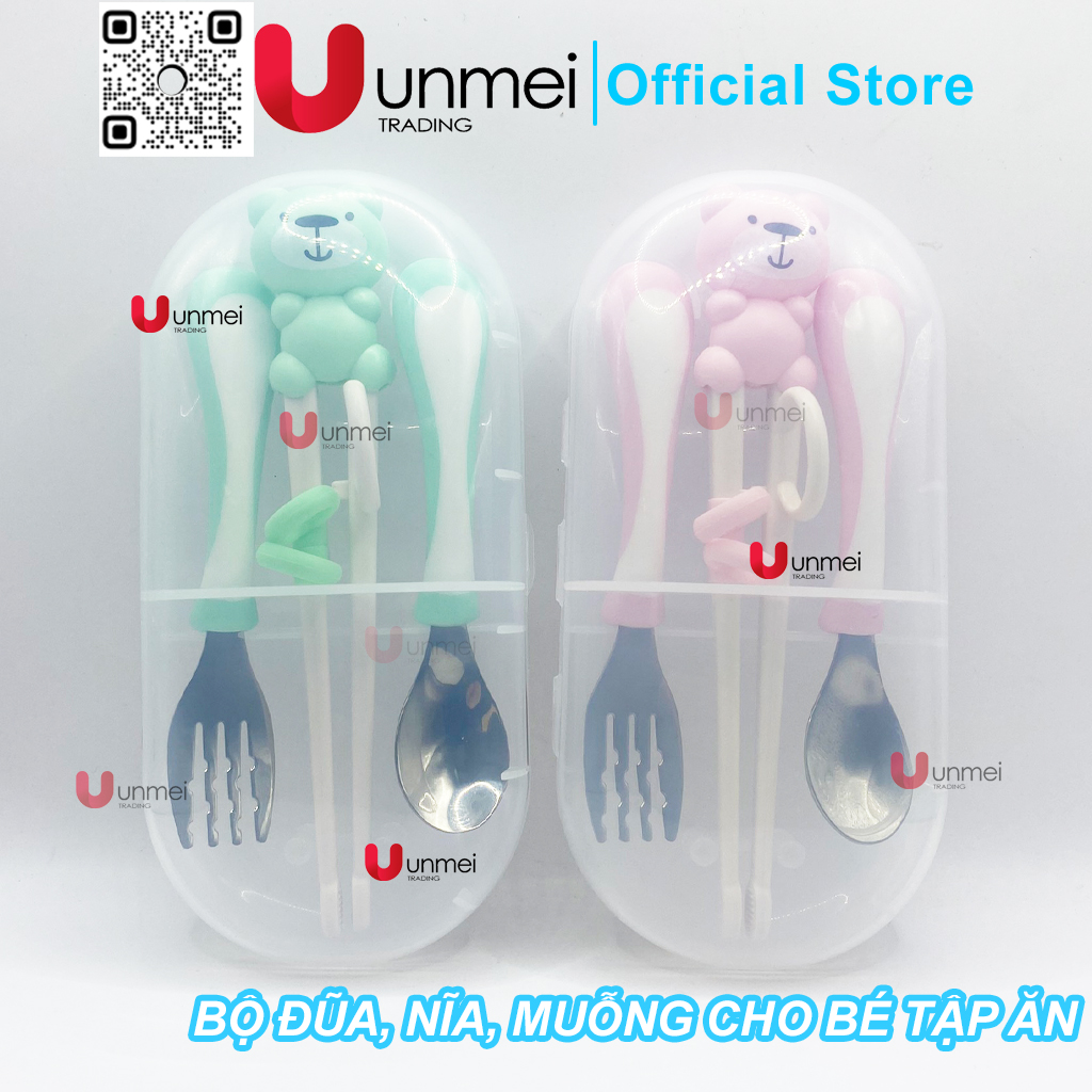 Bộ thìa nĩa đũa tập ăn cho bé, set đũa muỗng ăn dặm hình gấu unmei - có kèm hộp đựng