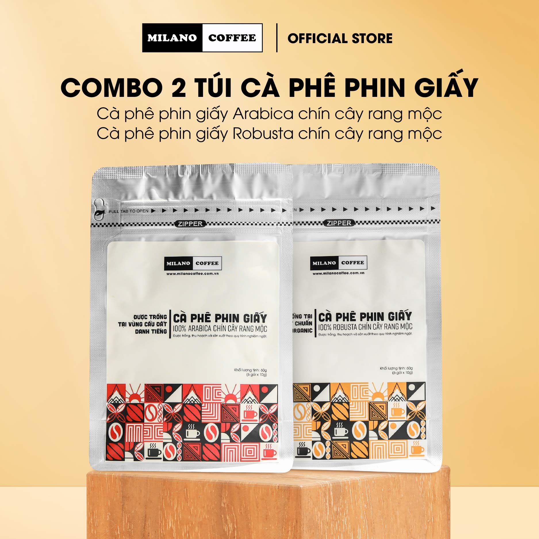 Combo 2 túi cà phê phin giấy Robusta & Arabica chín cây rang mộc Milano Coffee