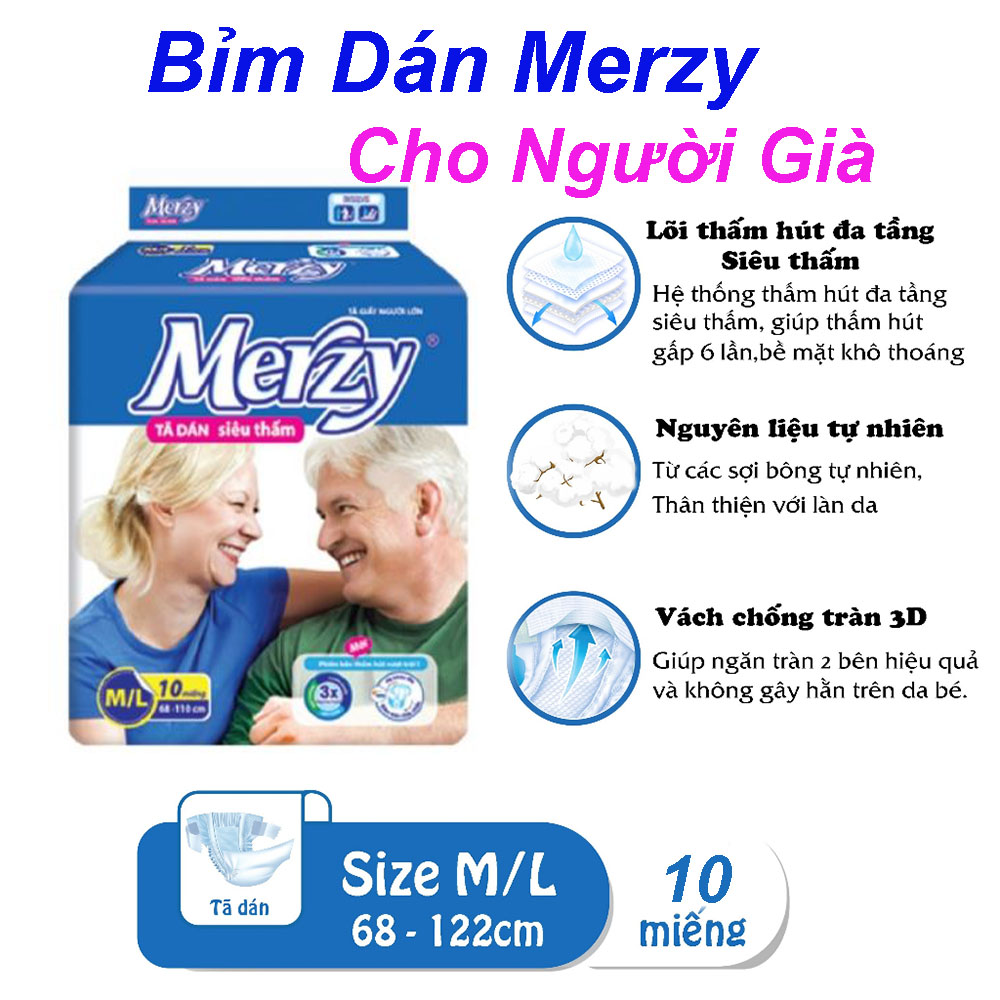  Bỉm Dán Merzy Cho Người Già Size M L Vòng Hông 68-110Cm  Gói 10 Miếng  