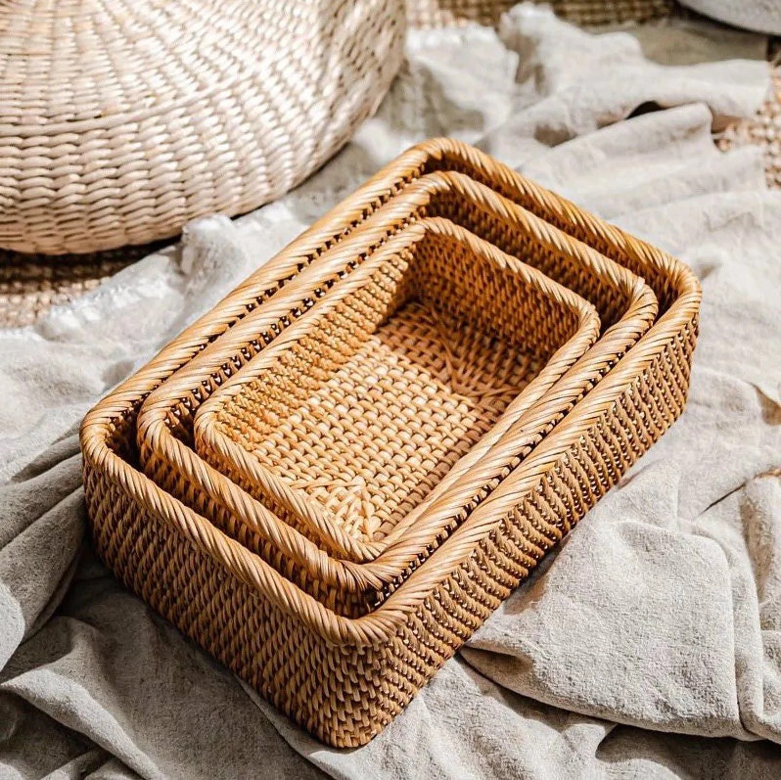 Khay Giỏ Mây tre đan Tre Làng - Khay mây vintage đựng hoa quả - Hộp đựng đồ mỹ phẩm mây tre đan hình chữ nhật - rattan basket tray