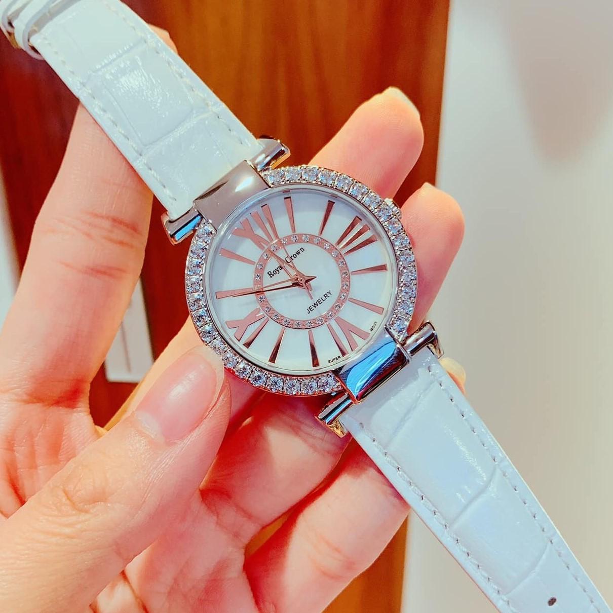 Đồng hồ royal crown nữ 6116 da trắng 36mm chính hãng