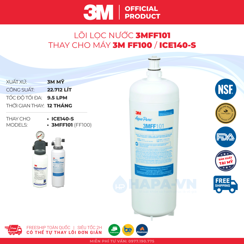 Lõi lọc nước 3m thay cho máy lọc nước 3m ff100 3mff101, nhập khẩu mỹ - hàng chính hãng 3m