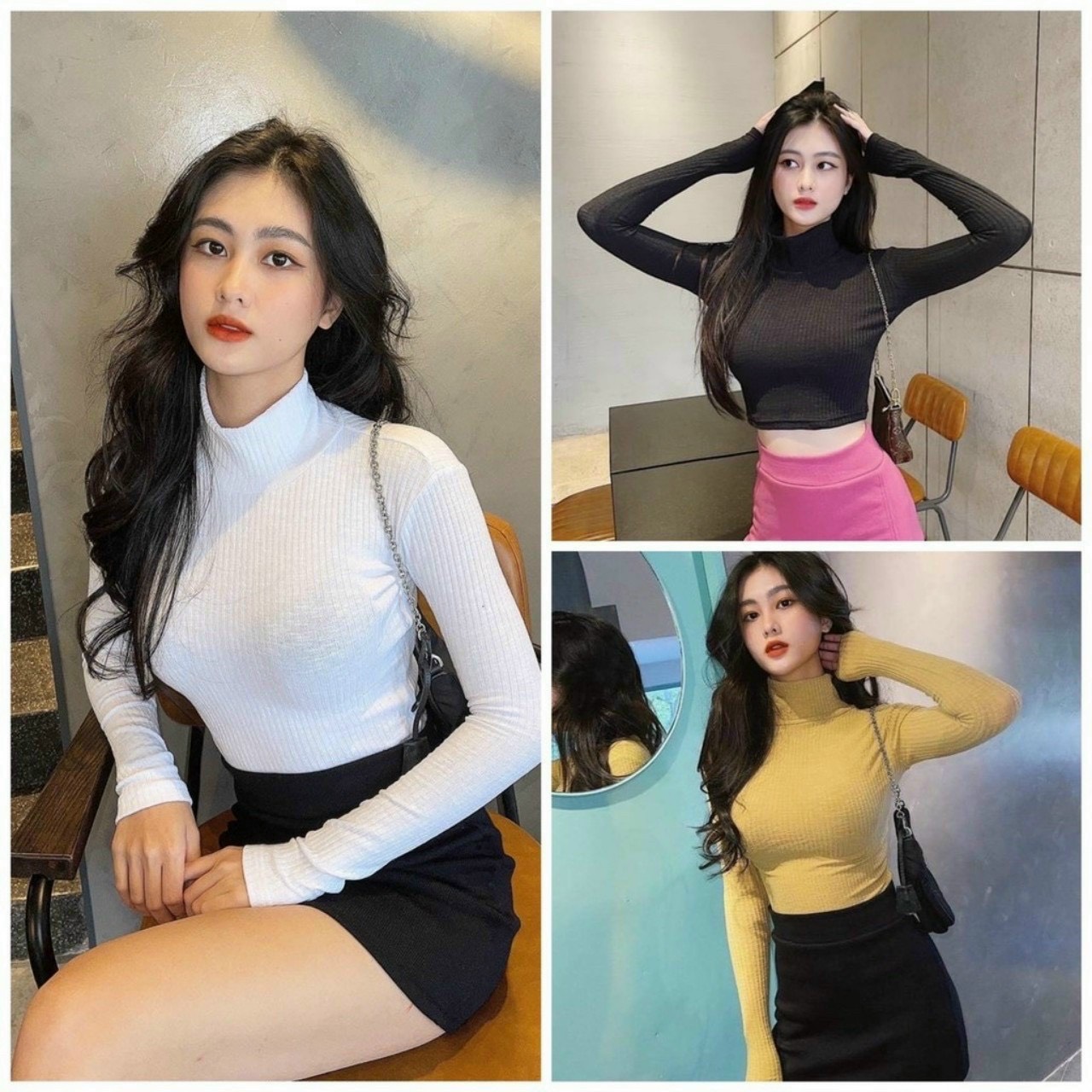 Áo thun croptop dài tay cổ lọ