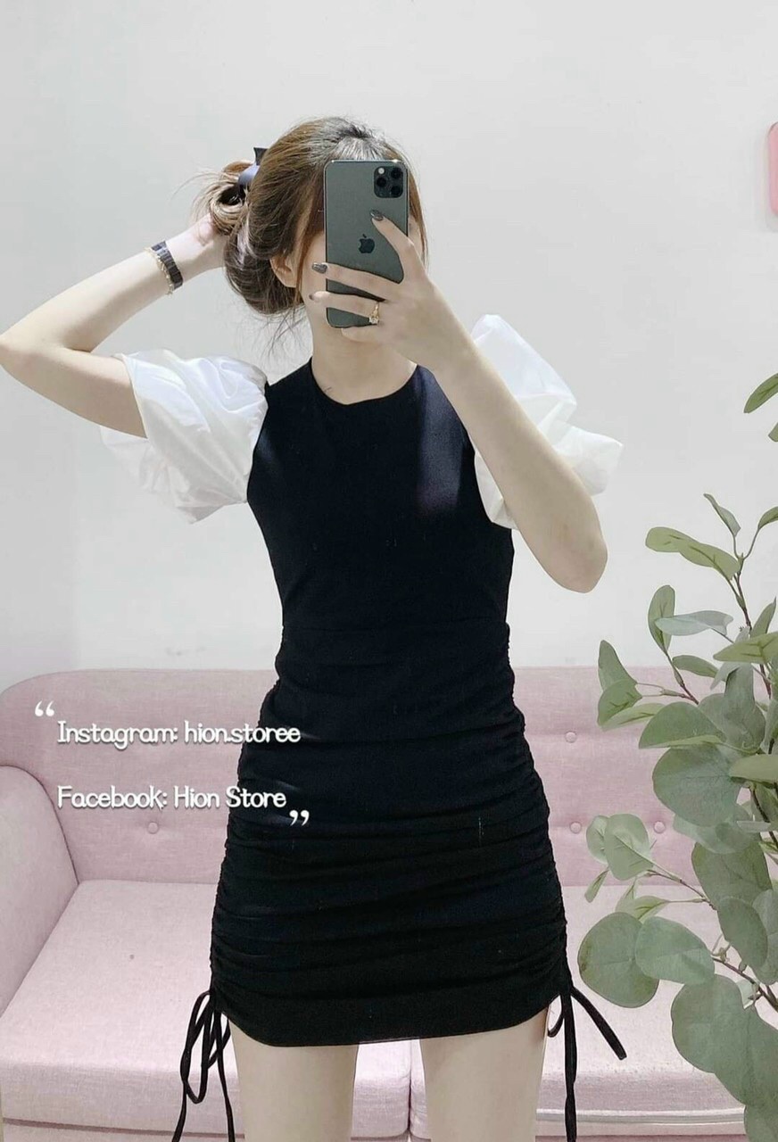 Đầm Body Phối Tay Voan, Chân Váy Xếp Ly Rút Dây Siêu Xinh.Qc