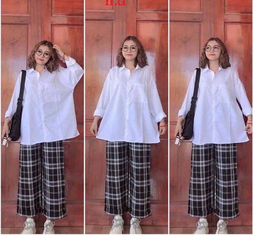 Mạnh Dũng Store 1 Bộ Set Quần Kẻ Caro Vải Thô Mềm Kèm Áo Sơ Mi Trắng Hit Hot
