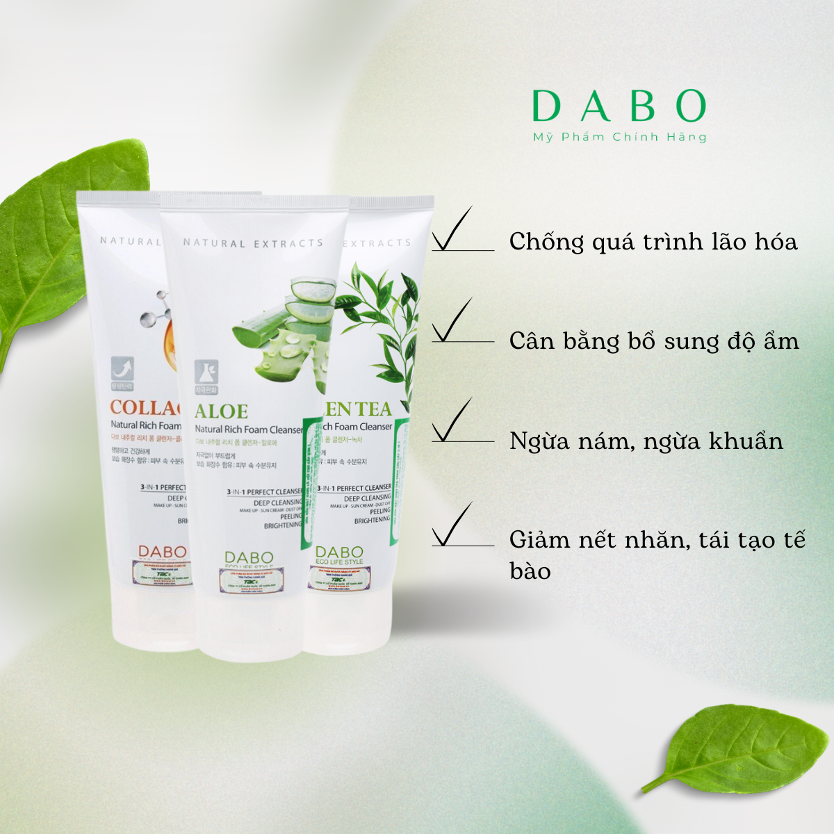 Sữa rửa mặt cao cấp DABO 3-IN-1 Tinh chất Dưa leo/ Trà xanh/ Lô hội/ Collagen 180ml