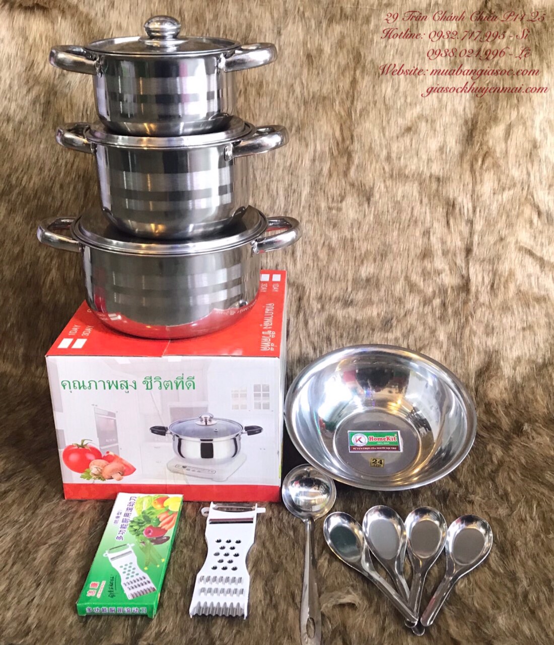 Combo 10 món bộ nồi 3 cái kèm 1 dao bào, 3 muỗng inox, 1 vá inox, 1 thau inox