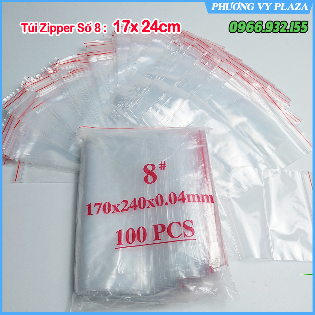 100 túi zip trong chỉ đỏ bấm miệng - size 17 x 24 cm
