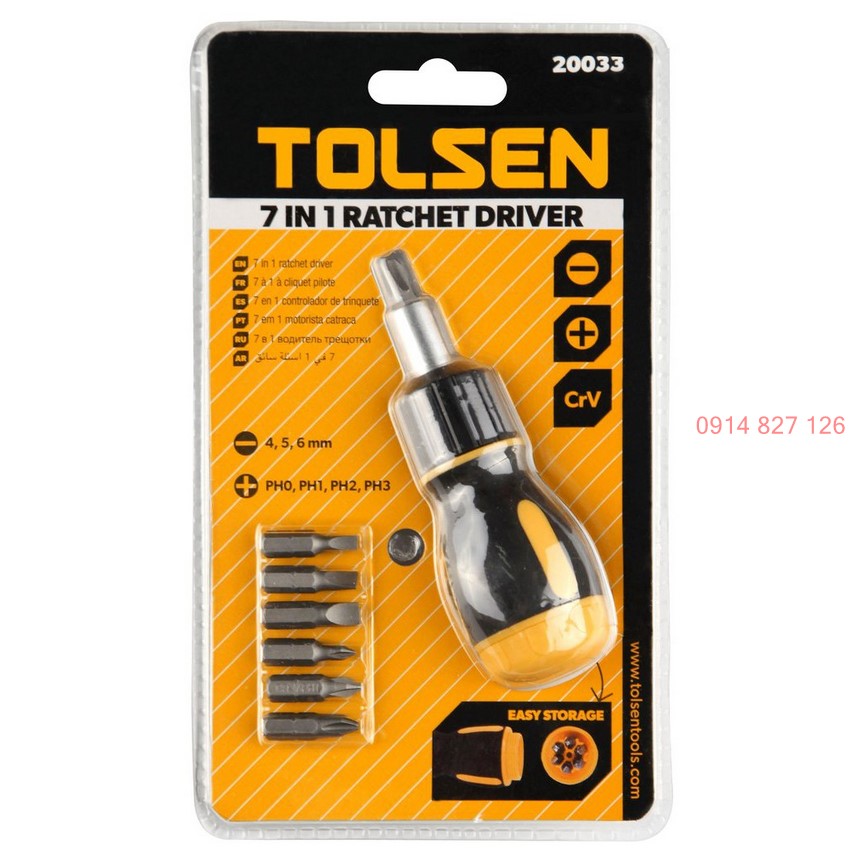 Bộ tô vít lùn tự động đa năng 7 trong 1 tolsen 20033, 7 đầu dẹp và bake, thép cr-v, bh 12 tháng