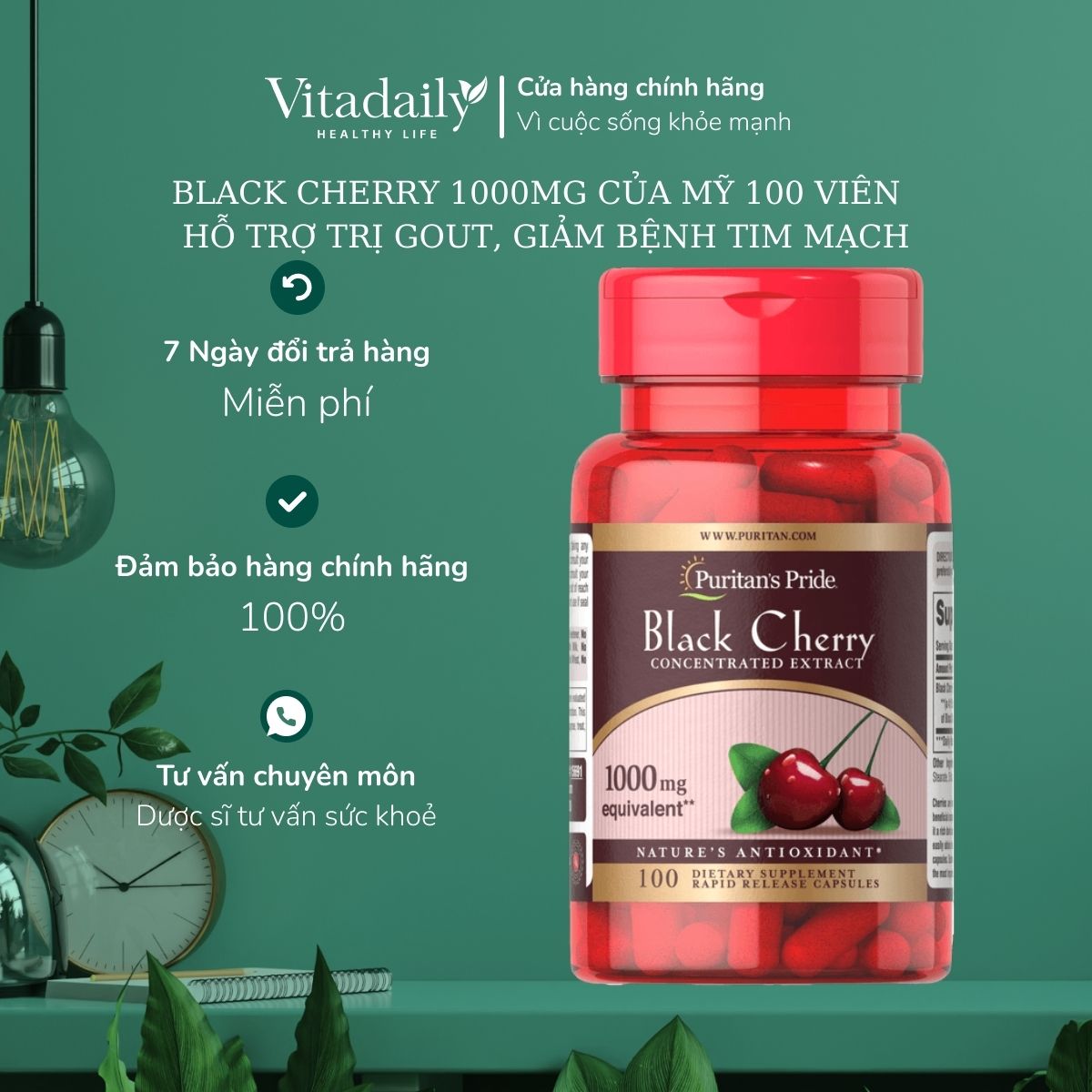 VIÊN UỐNG PURITAN’S PRIDE BLACK CHERRY 1000MG CỦA MỸ 100 VIÊN - HỖ TRỢ TRỊ GOUT, GIẢM BỆNH TIM MẠCH