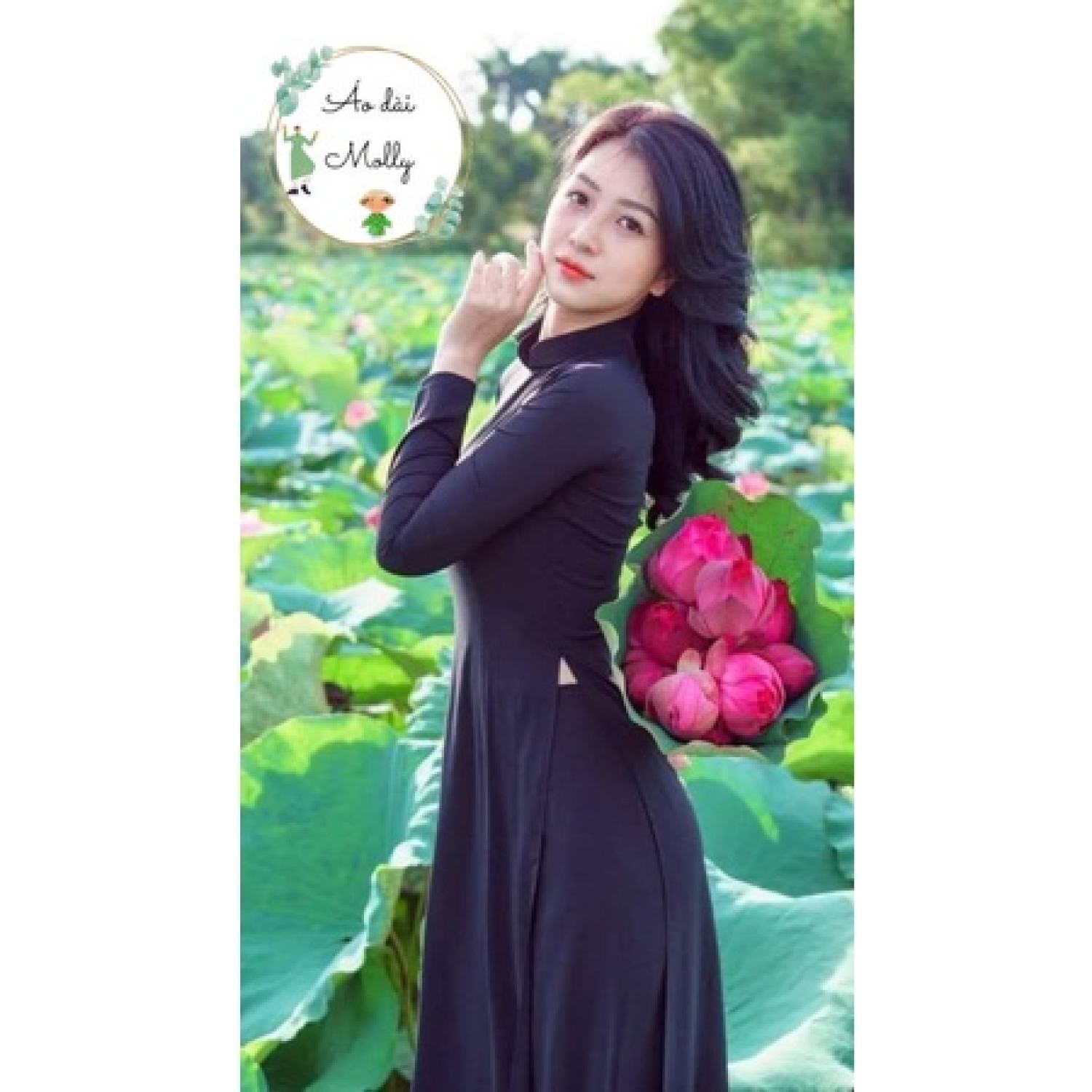Sale_áo dài truyền thống vải chiffon đen 4 tà có bigsize