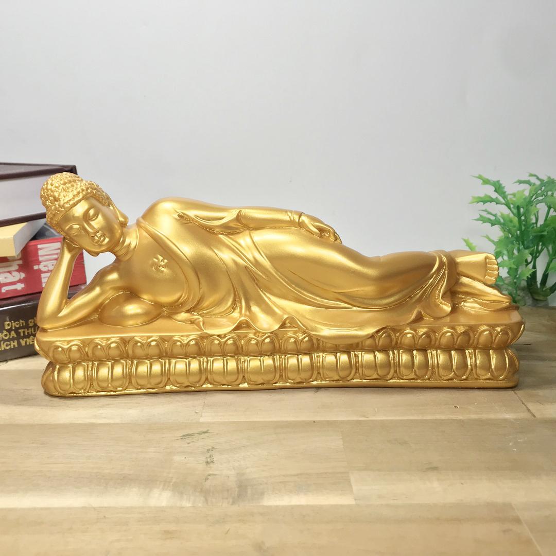 Tượng Đức Phật Thích Ca nhập Niết Bàn sơn nhũ vàng ngang 24cm