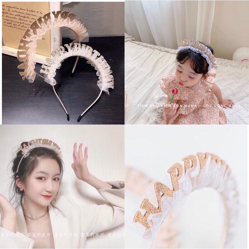 Bờm cài tóc Happy Birthday ánh kim, bờm sinh nhật phong cách Hàn Quốc