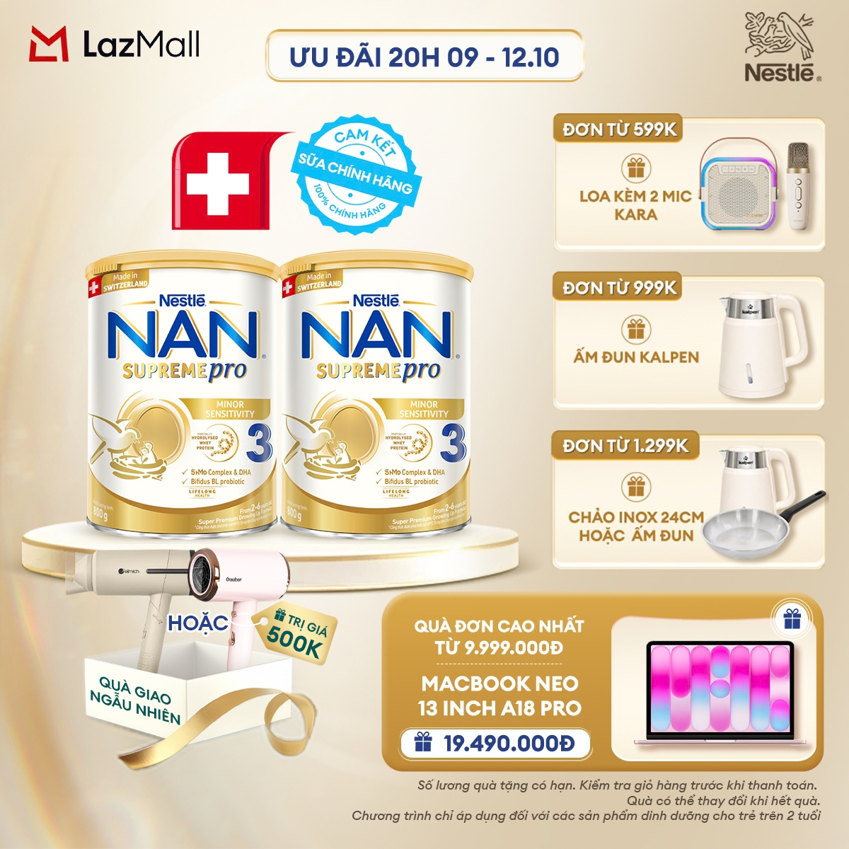 [CHỈ 20h 9-12.10 QT ĐƠN 599K/999K/1299K] [Tặng máy sấy tóc (giao ngẫu nhiên)] Combo 2 lon Sữa Bột Nestlé NAN SUPREMEPRO 3 800g Nhập Khẩu Đức Cho Bé 2 - 6 Tuổi Chứa Đạm Whey Thủy Phân 1 Phần, 5-HMOs    Lợi khuẩn BIFIDUS BL