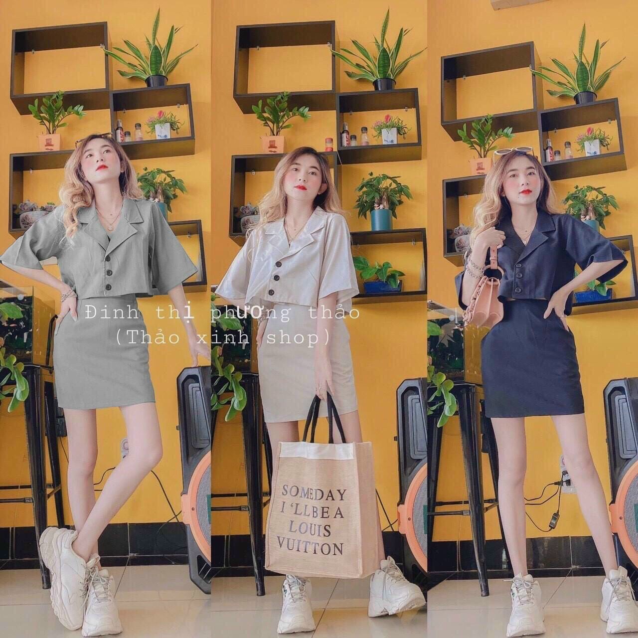 Set vest tay ngắn kèm chân váy có túi dễ thương thanh lịch
