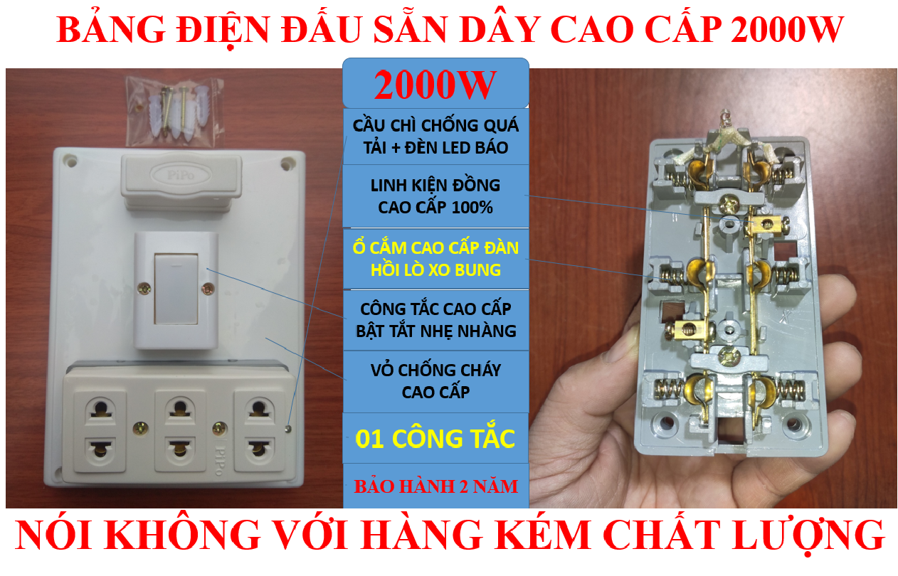Bảng điện, Taplo cao cấp 2000W + BH 02 năm + 01 Công tắc + Ổ cắm lò xo chống giãn + Đèn LED báo + Đi dây sẵn sàng và bộ ốc vít lắp đặt (bộ 01 sản phẩm)