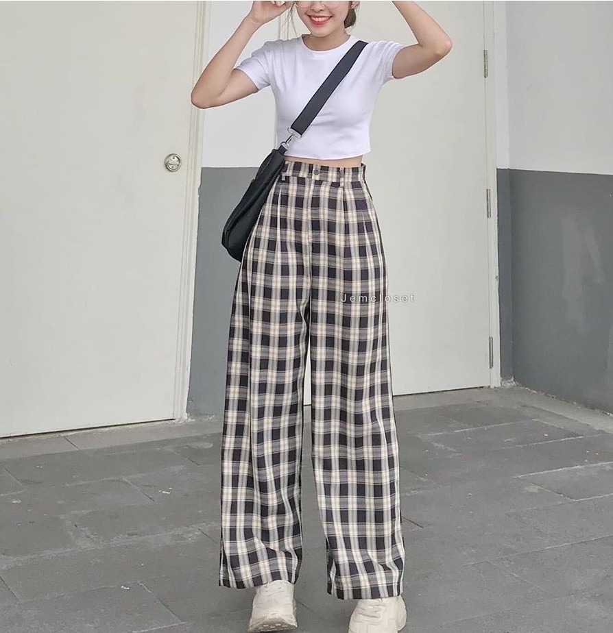 SET BỘ ÁO CRT TRẮNG VÀ QUẦN KẺ CARO SUÔNG ỐNG RỘNG CẠP CAO TÔN DÁNG / SET BỘ CROPTOP THỂ THAO CÁ TÍNH RR43