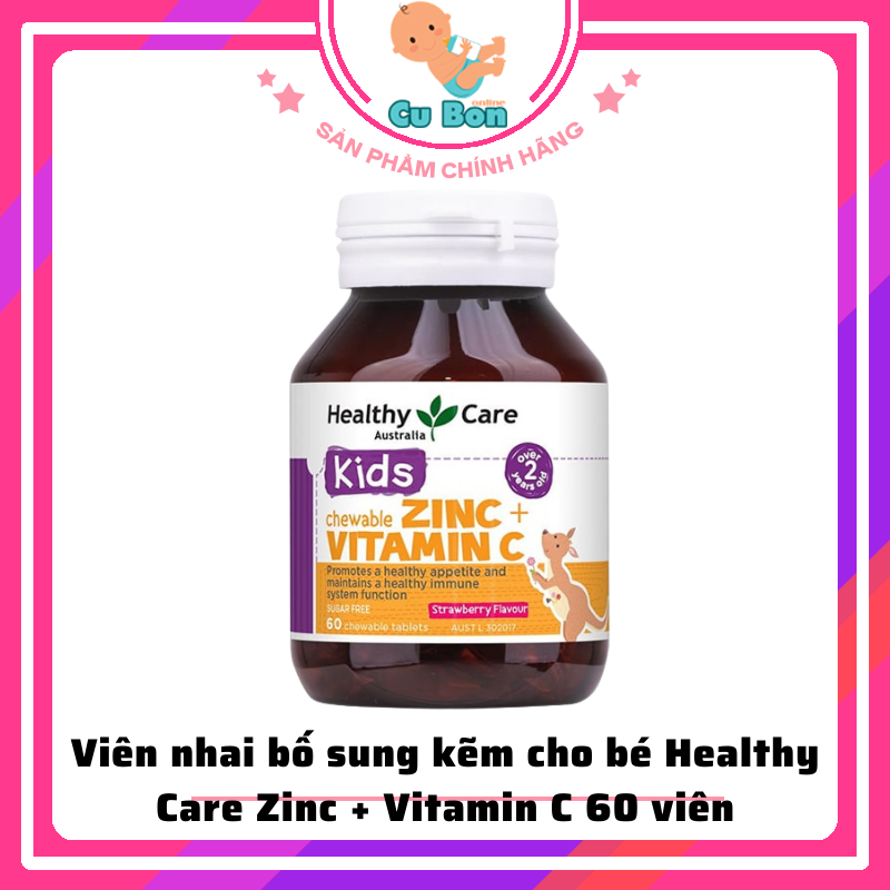 Viên nhai bố sung kẽm cho bé Healthy Care Zinc + Vitamin C của úc 60 viên cho trẻ từ 2 tuổi tăng đề kháng hiệu quả