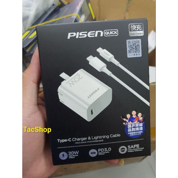 Bộ cốc cáp sạc nhanh pisen quick pd 20w ts - c140 kèm cáp sạc nhanh type c to light ning 1m - bh12 tháng