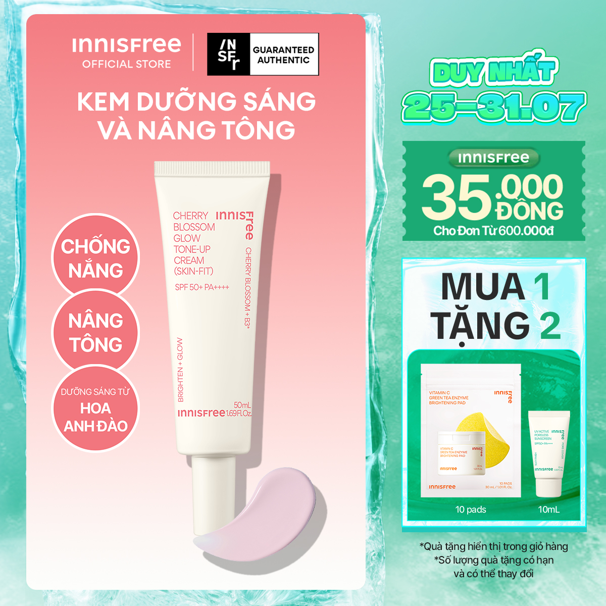 Kem dưỡng ẩm làm sáng chống nắng cho da INNISFREE Jeju Cherry Blossom Skin-Fit Tone-Up Cream SPF 50+PA++++ 50ml