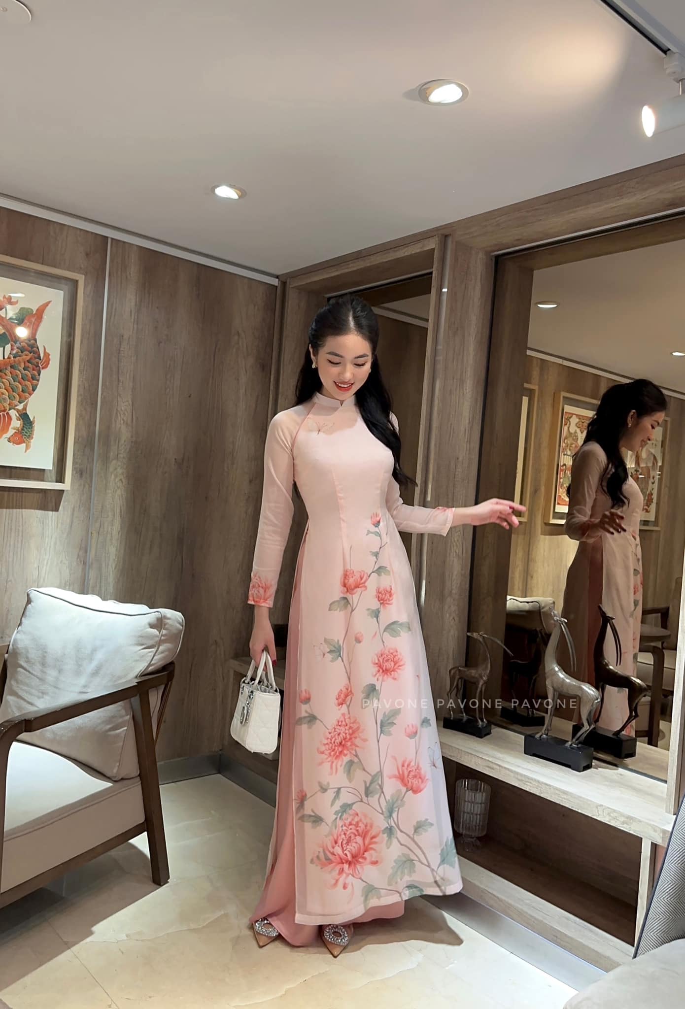 Áo dài thiết kế 2 lớp 4 tà dài truyền thống hoa cúc đại đóa in 3d rõ nét