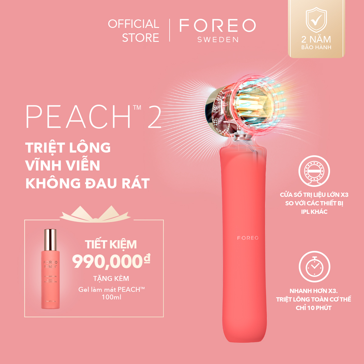 Máy triệt lông full body cao cấp FOREO PEACH 2 công nghệ IPL và xung massage T-sonic