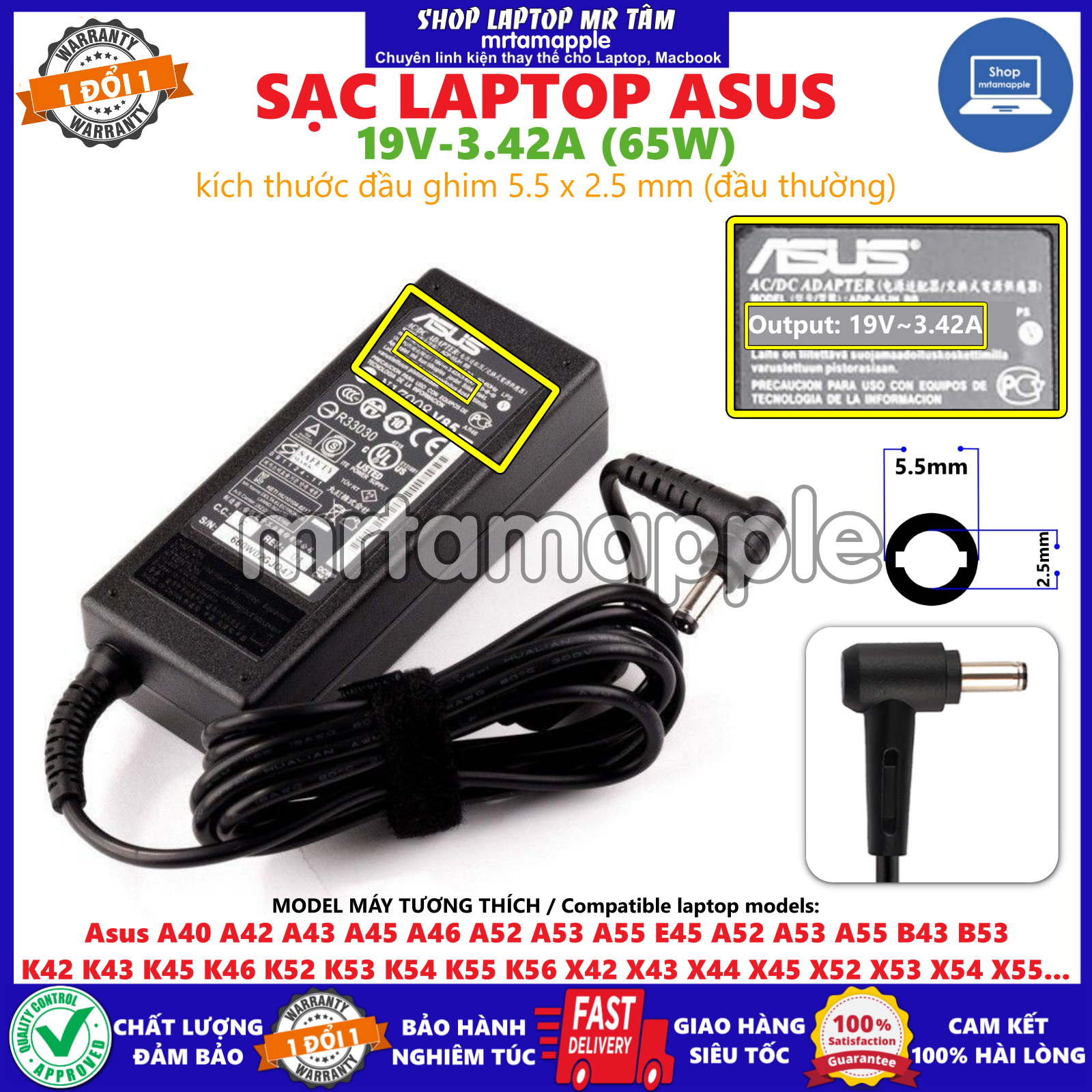 SẠC LAPTOP ASUS 19V-3.42A (65W) đầu thường 5.5 x 2.5mm dành cho TP500 TP550 X401 X402 X450 X451 X452 X455 X501 X502 X550