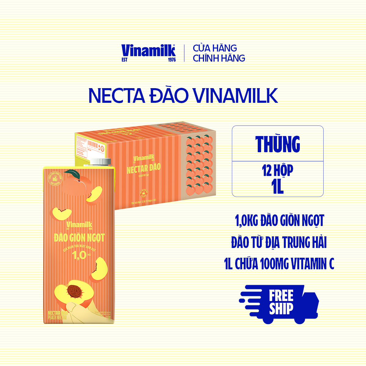 Thùng 12 hộp Nước Necta Đào Vinamilk - Hộp giấy 1L