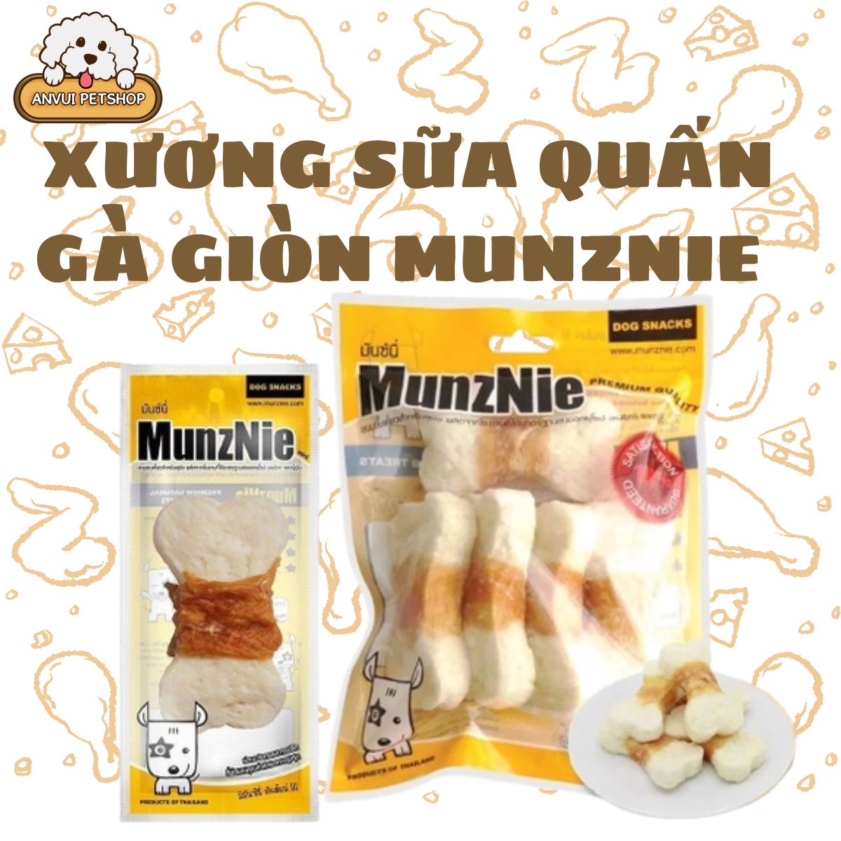 XƯƠNG CỐM SỮA DA BÒ QUẤN GÀ GIÒN MUNZNIE THƠM MIỆNG CHO CHÓ MÈO GÓI 1 CÂY