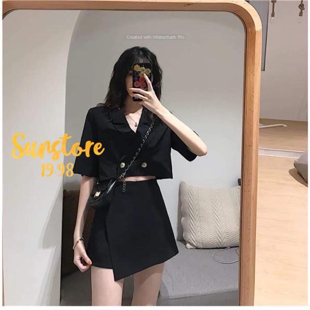Set trang phục chân váy và áo croptop cổ vest đen unisex wonder set